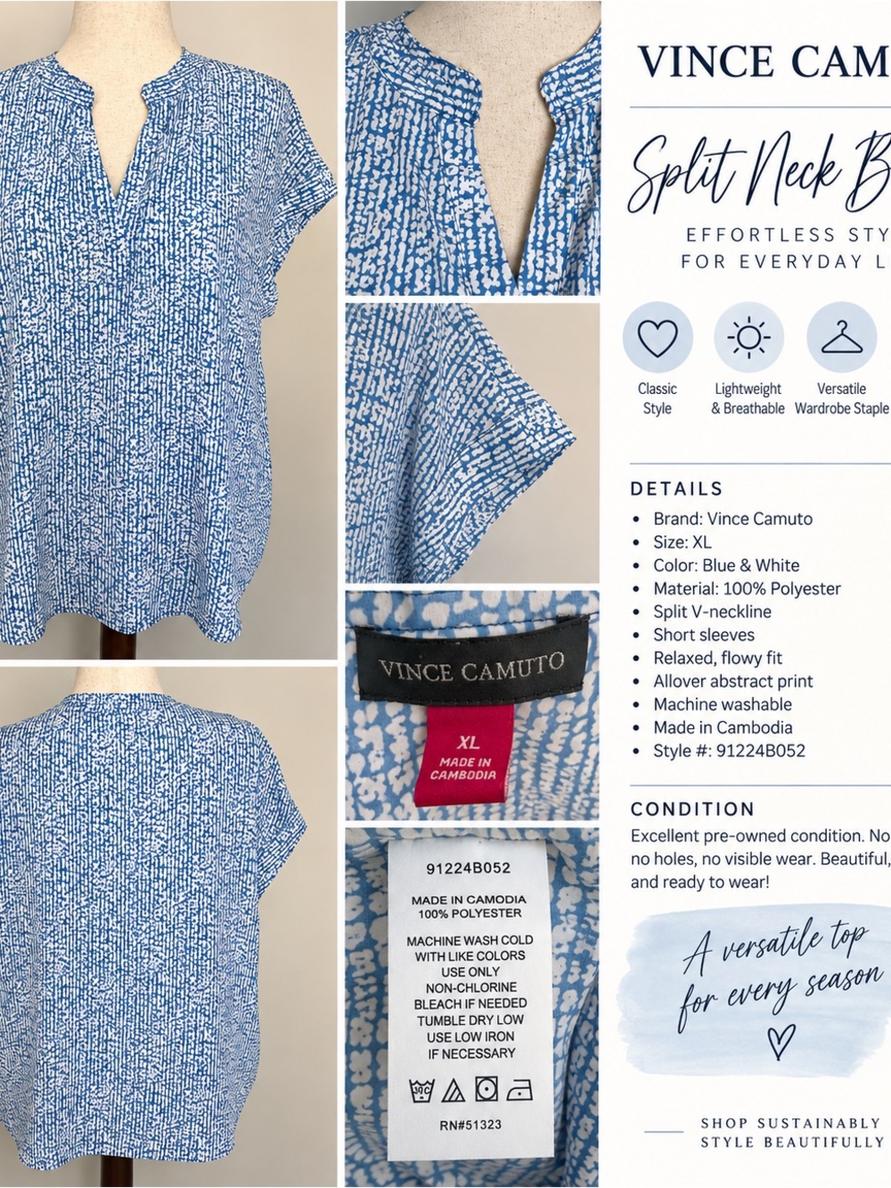 Vince Camuto Blue White Print Split Neck Tunic Blouse XL